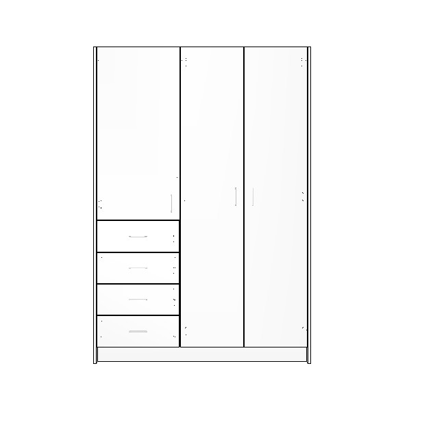 wardrobe-1300-left-side-drawers-full-cabinet-3D 1300mm white wardrobe cabinet with left drawers shelves and double door hanging section
