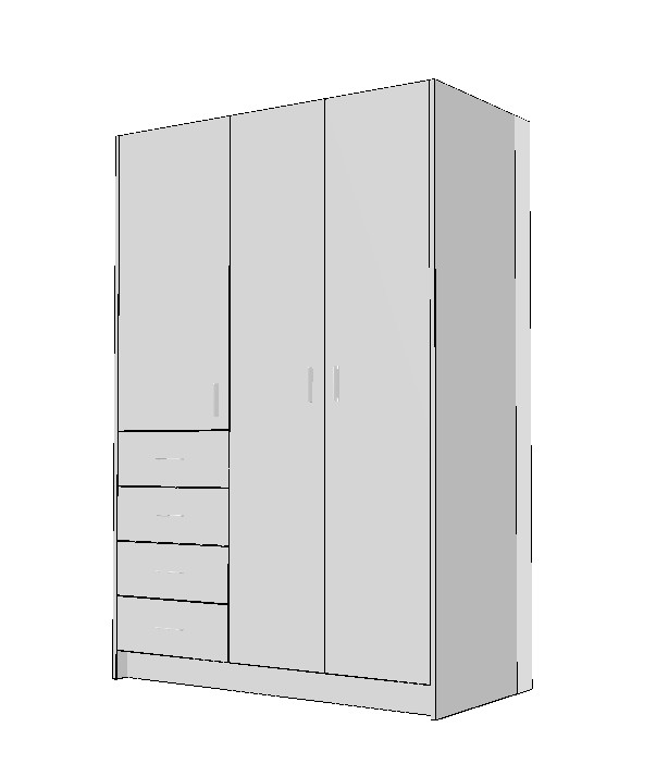 wardrobe-1300-left-side-drawers-full-cabinet-3DB White wardrobe cabinet technical drawing with left side drawers and double doors