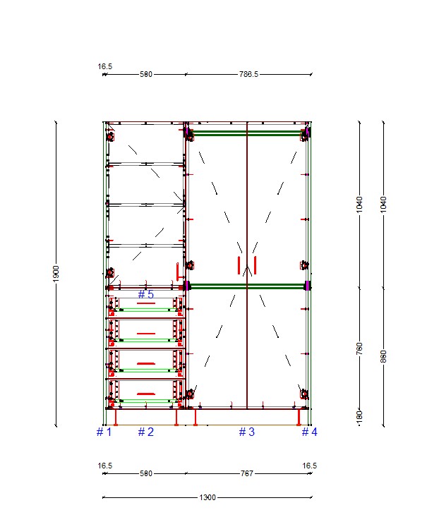 wardrobe-1300-left-side-drawers-full-cabinet-elevation White wardrobe cabinet technical drawing with left side drawers and double doors