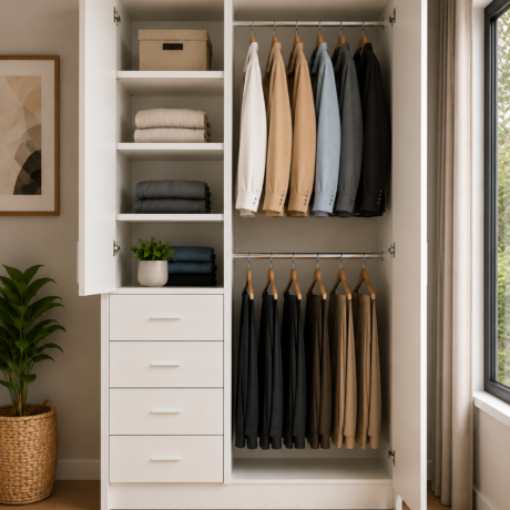 1300mm white wardrobe cabinet with left drawers shelves and double door hanging section
