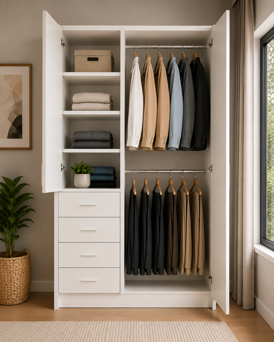 wardrobe-1300-left-side-drawers-full-cabinet-render-open-view 1300mm white wardrobe cabinet with left drawers shelves and double door hanging section