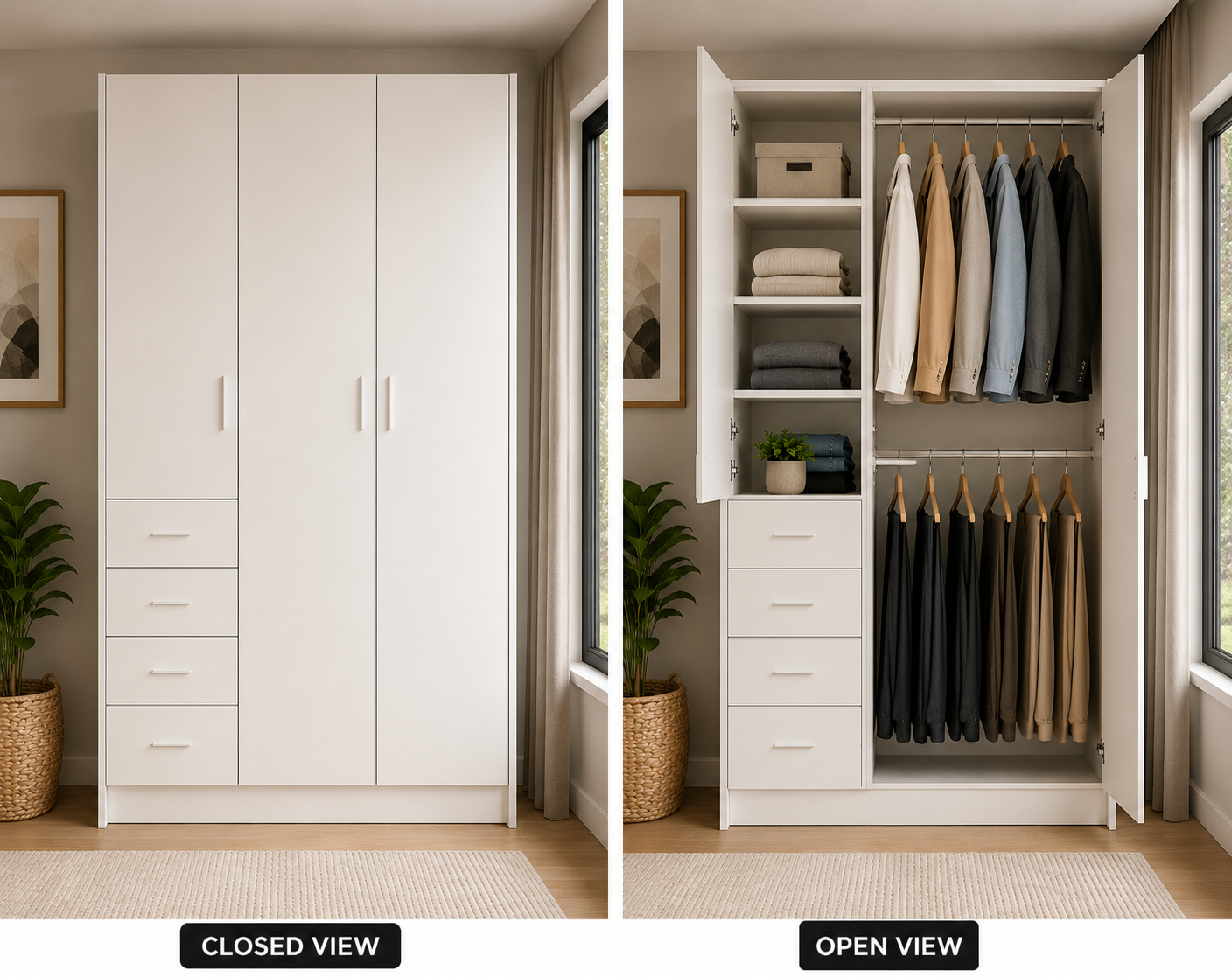 wardrobe-1300-left-side-drawers-full-cabinet-render1 Compact white wardrobe cabinet with drawers and double doors Melbourne