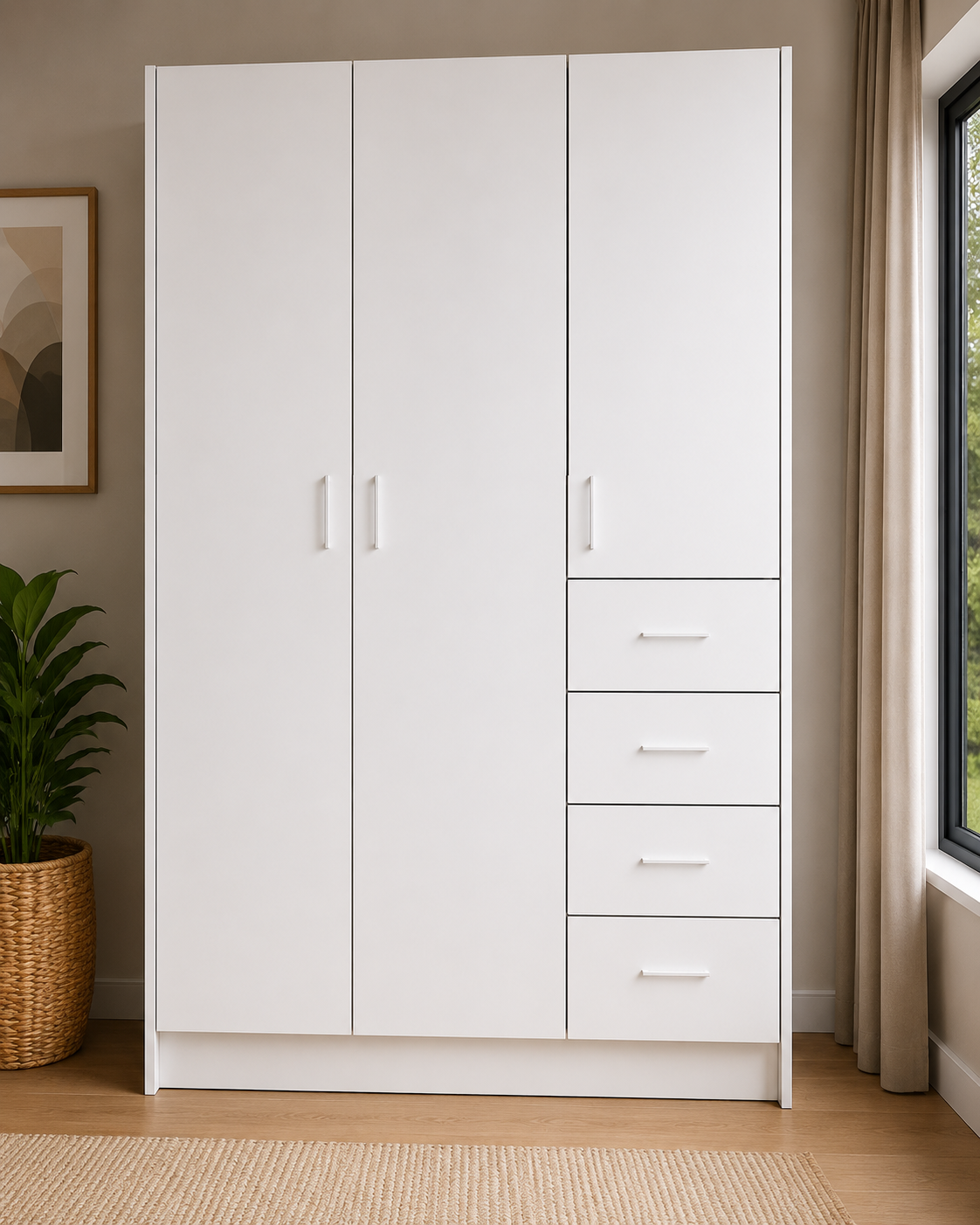 wardrobe-1300-right-side-drawers-full-cabinet-Render-close 1300mm white wardrobe cabinet with right side drawers shelves and double door hanging section