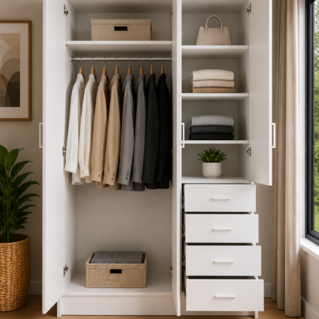 1300mm white wardrobe cabinet with right side drawers shelves and double door hanging section