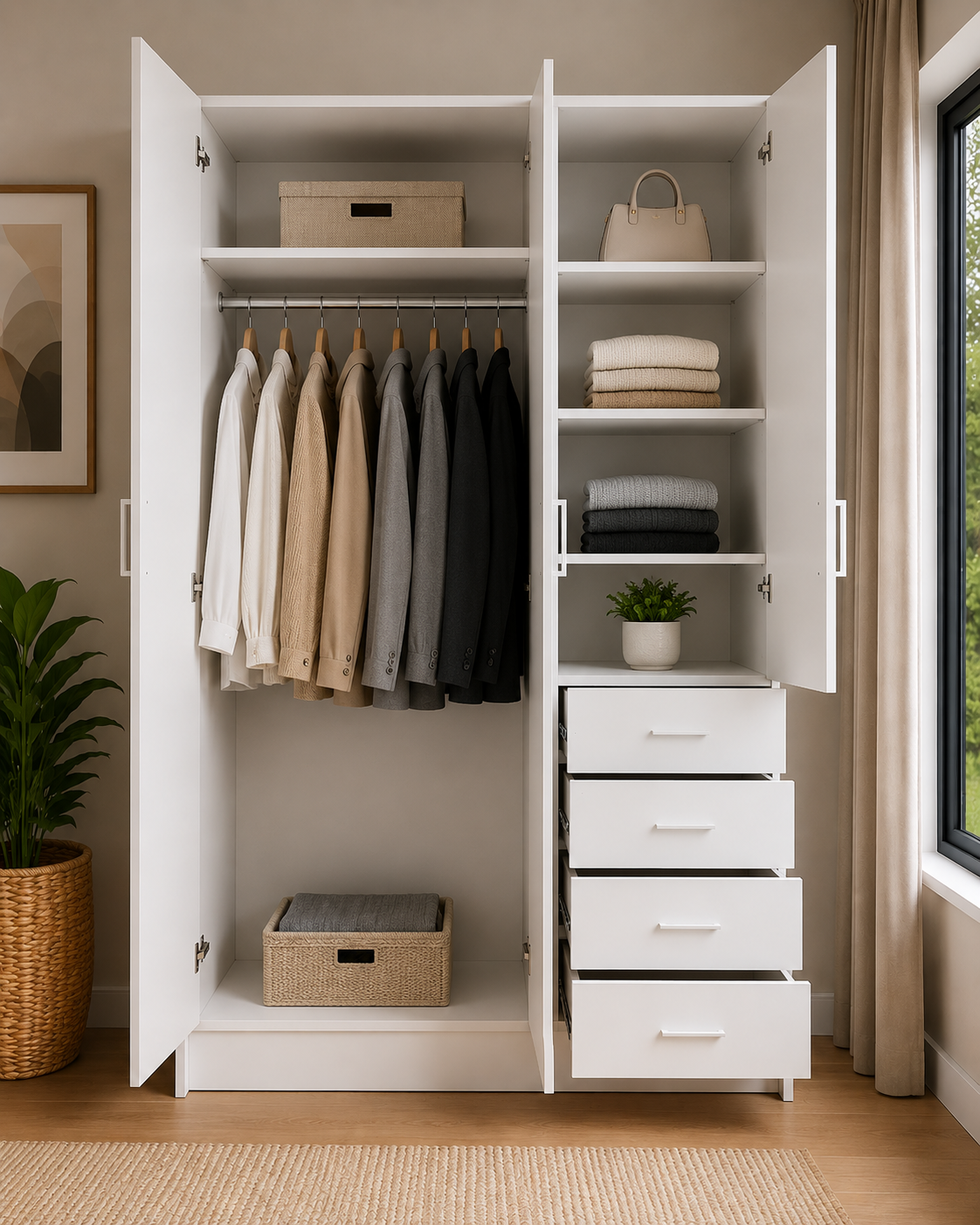 wardrobe-1300-right-side-drawers-full-cabinet-Render-open 1300mm white wardrobe cabinet with right side drawers shelves and double door hanging section
