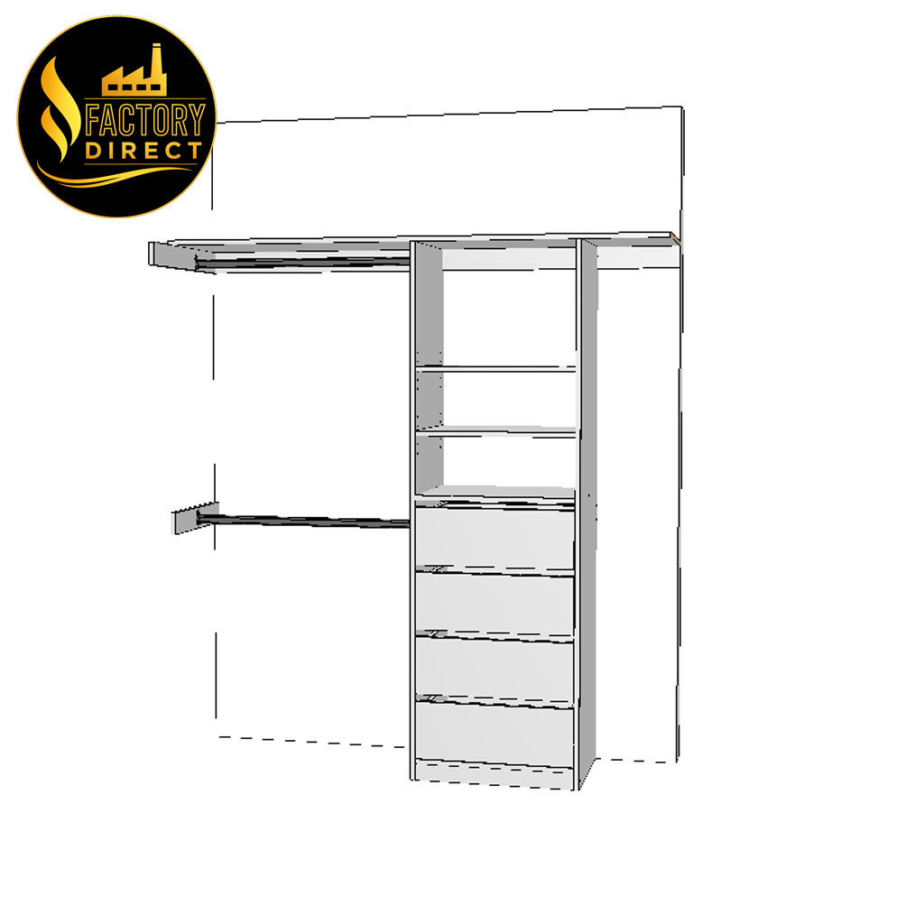 wardrobe-1800-RSD-3D-A White wardrobe cabinet elevation plan showing hanging rail drawer tower and top shelf-1