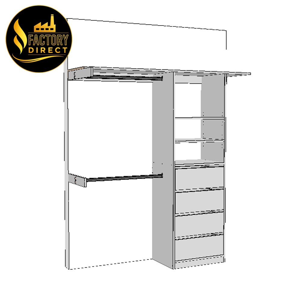 wardrobe-1800-RSD-3D-B White wardrobe cabinet elevation plan showing hanging rail drawer tower and top shelf-2