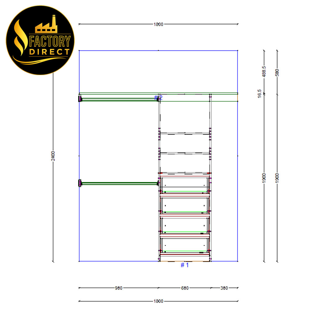 wardrobe-1800-RSD-3D-Elevation White wardrobe cabinet elevation plan showing hanging rail drawer tower and top shelf