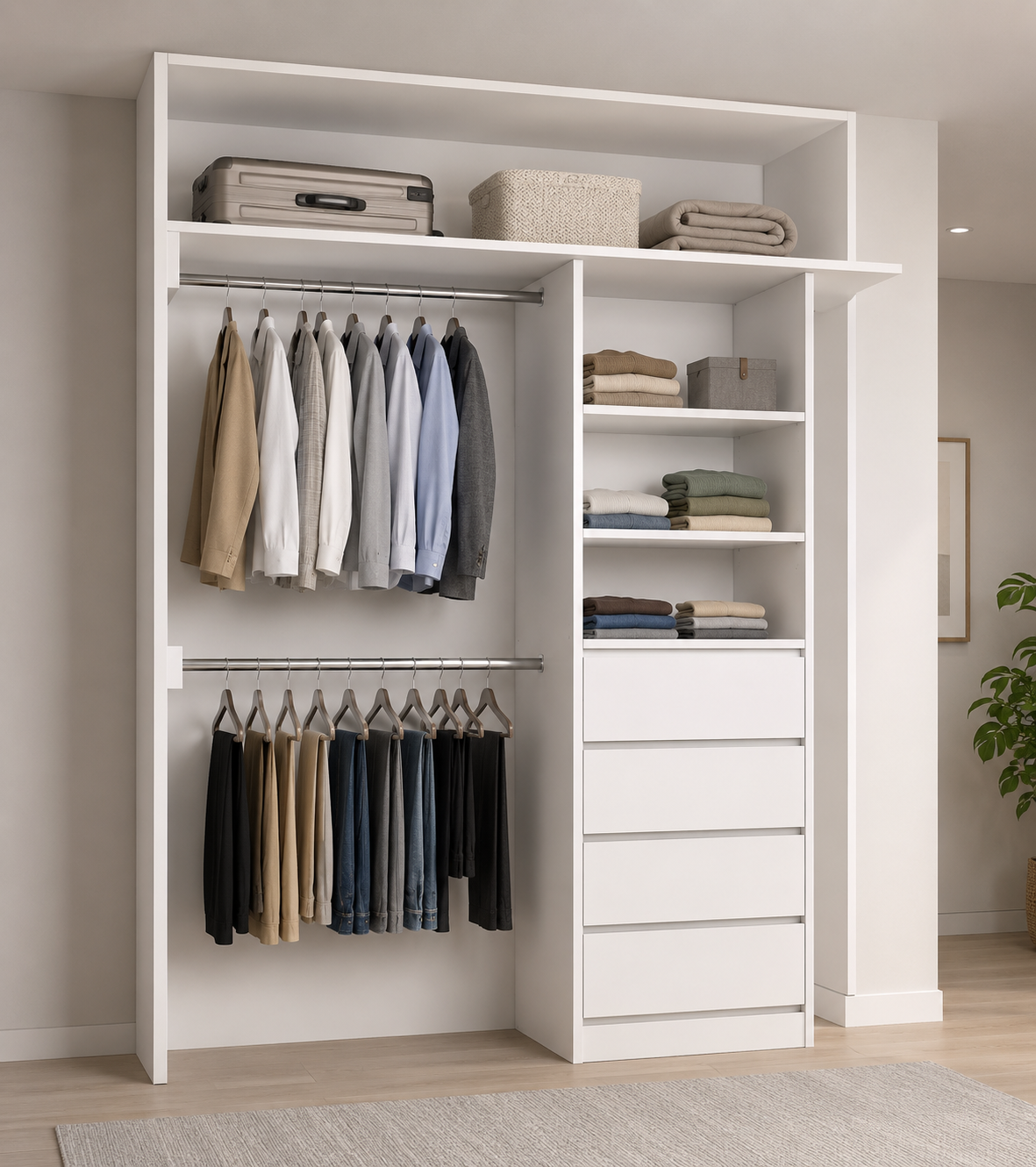 wardrobe-1800-RSD-Render-A 1800mm white wardrobe cabinet technical drawing with drawers shelves and hanging space-B