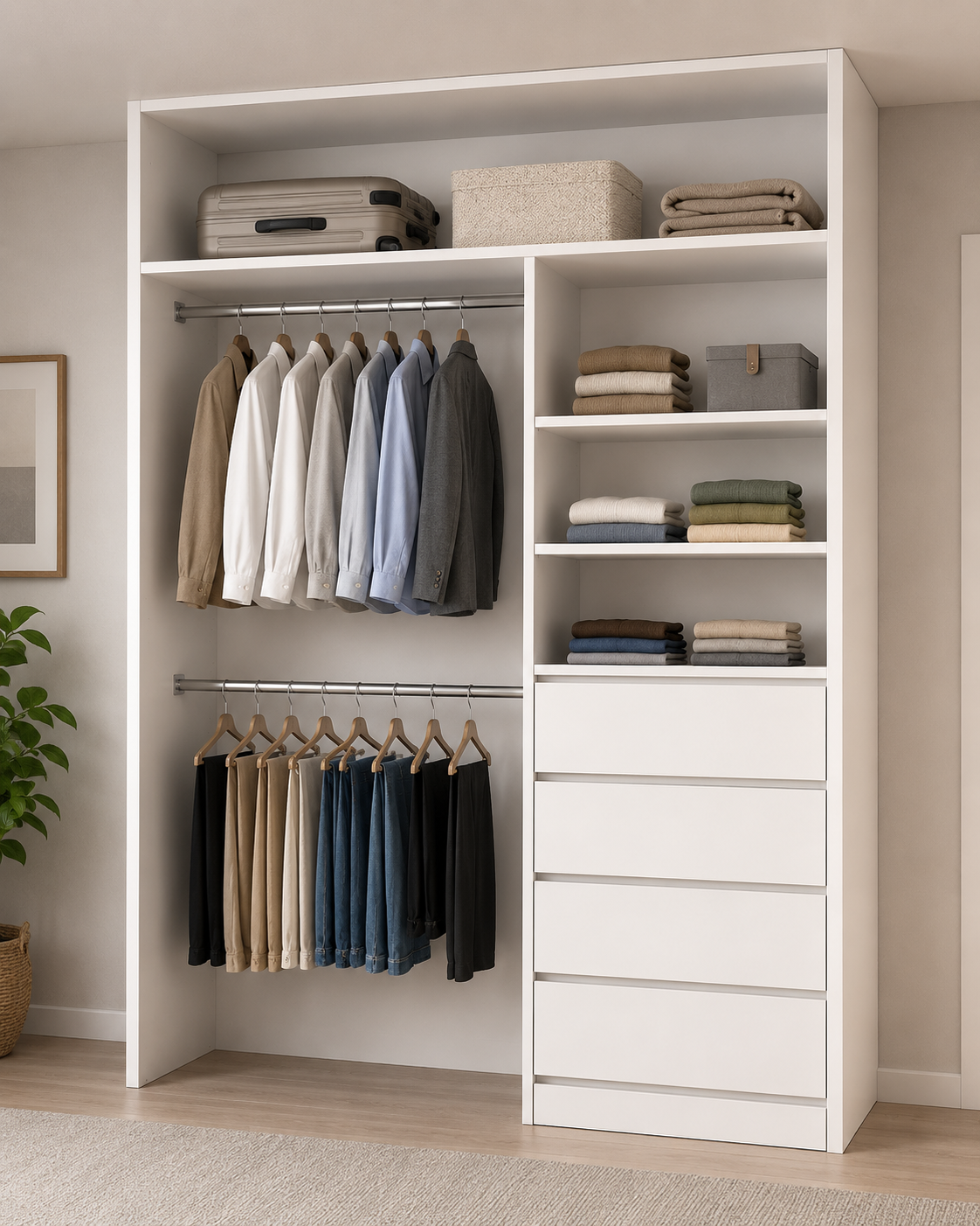 wardrobe-1800-RSD-Render-B 1800mm white wardrobe cabinet technical drawing with drawers shelves and hanging space-A
