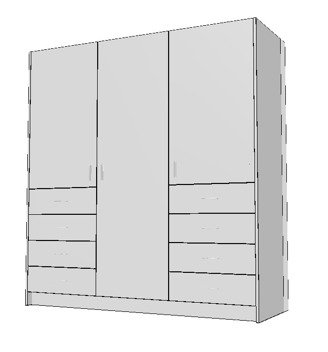 wardrobe-1800-double-side-drawers-free-standing-3DB White wardrobe cabinet technical drawing with side drawers and centre hanging section