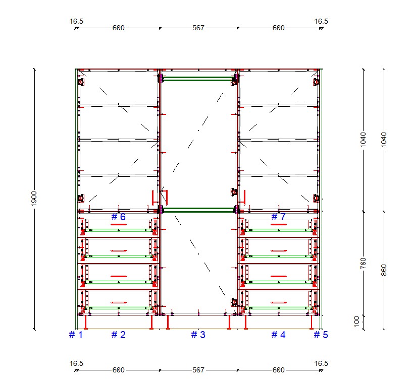wardrobe-1800-double-side-drawers-free-standing-elevation 1800mm wardrobe cabinet elevation plan showing shelves drawers and hanging rail