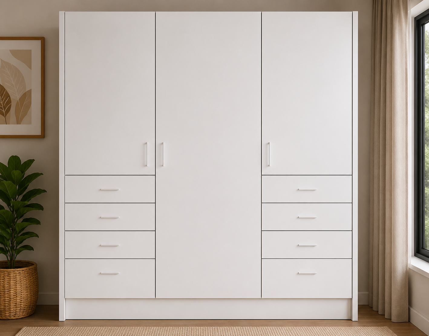 wardrobe-1800-double-side-drawers-free-standing-render-close-view Factory direct white wardrobe cabinet with drawers shelves and hanging space