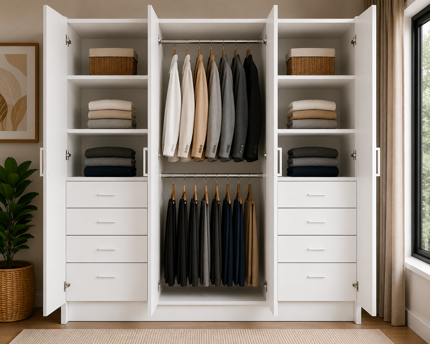 wardrobe-1800-double-side-drawers-free-standing-render-open-view Factory direct white wardrobe cabinet with drawers shelves and hanging space