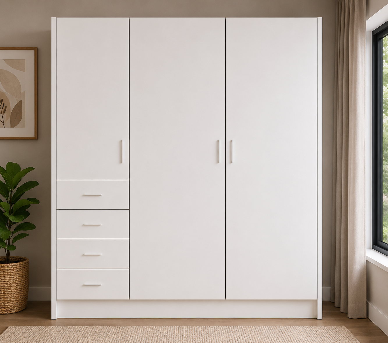 wardrobe-1800-left-side-drawers-full-cabinet-render-close 1800mm white wardrobe cabinet with left side drawers shelves and double door hanging section