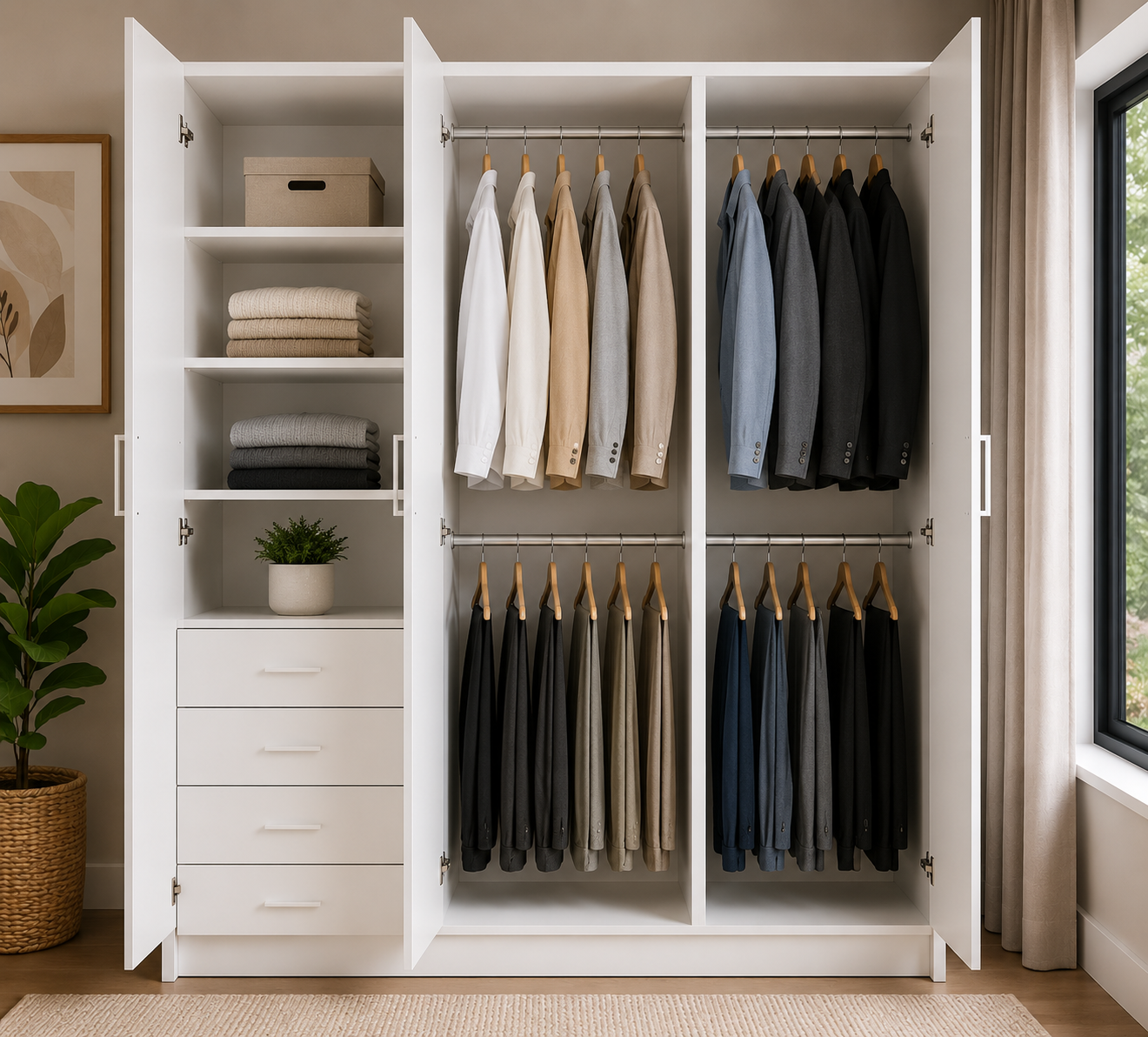 wardrobe-1800-left-side-drawers-full-cabinet-render-open 1800mm white wardrobe cabinet with left side drawers shelves and double door hanging section