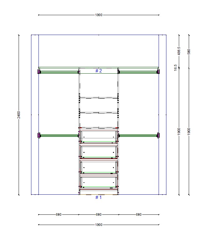 wardrobe-1800-middle-side-drawer-elevation Wardrobe cabinet plan view with 1800mm width and side hanging rails