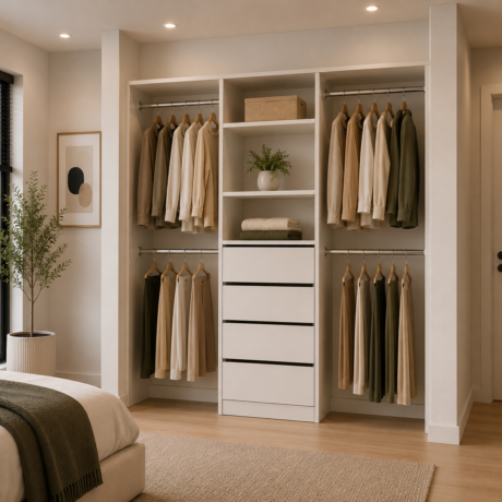 1800mm white wardrobe cabinet with centre drawers shelves and double hanging space