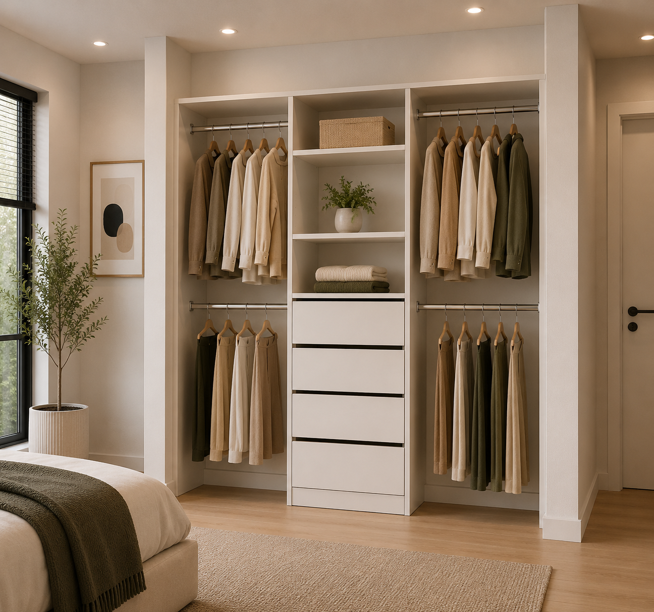 wardrobe-1800-middle-side-drawer-render 1800mm white wardrobe cabinet with centre drawers shelves and double hanging space