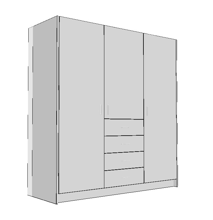 wardrobe-1800-middle-side-drawers-full-cabinet-3DA White wardrobe cabinet technical drawing with centre drawer tower and side hanging sections