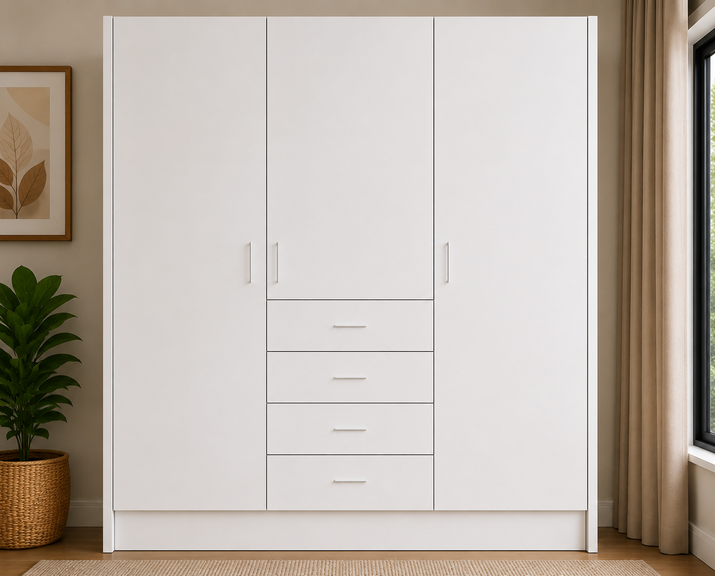 wardrobe-1800-middle-side-drawers-full-cabinet-render-close-view White wardrobe cabinet technical drawing with centre drawer tower and side hanging sections
