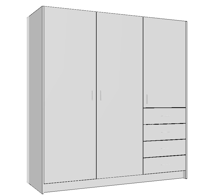 wardrobe-1800-right-side-drawers-full-cabinet-3DA White wardrobe cabinet technical drawing with right drawers and left double doors