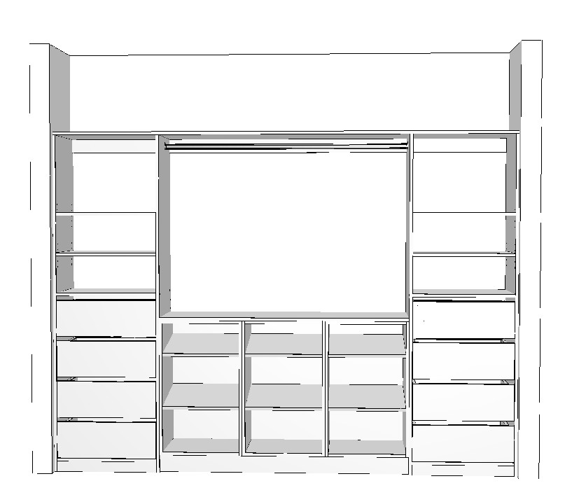 wardrobe-2600-double-drawer-side-with-middle-shoe-rack-3D 2600mm white wardrobe cabinet with side drawers shelves hanging space and middle shoe rack