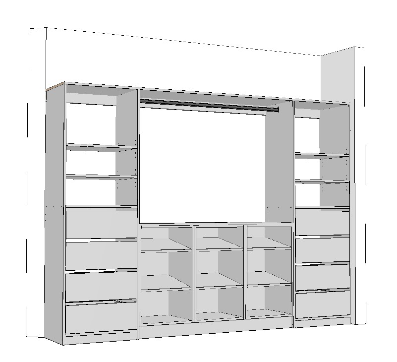 wardrobe-2600-double-drawer-side-with-middle-shoe-rack-3DA White built in wardrobe technical drawing with centre shoe rack and side drawers