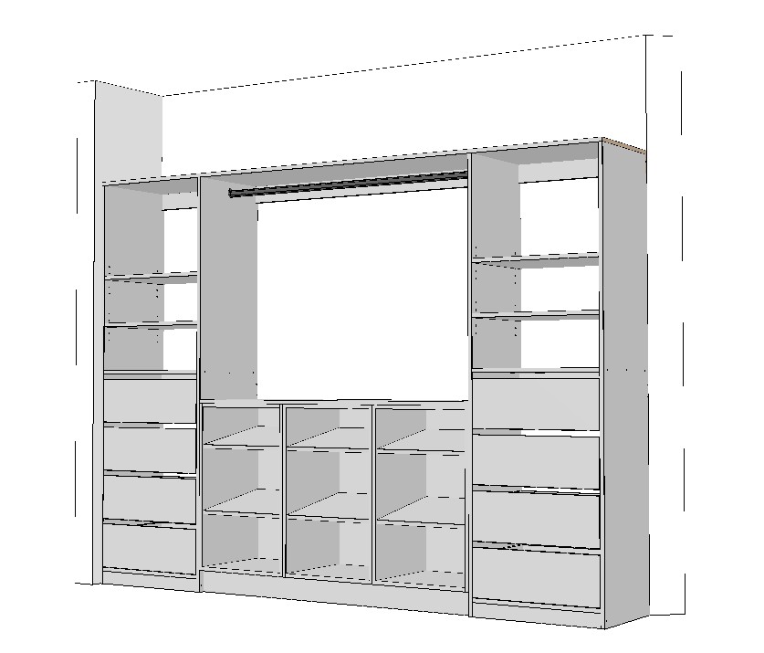 wardrobe-2600-double-drawer-side-with-middle-shoe-rack-3DB Wardrobe cabinet elevation plan showing shoe rack drawers shelves and hanging rail