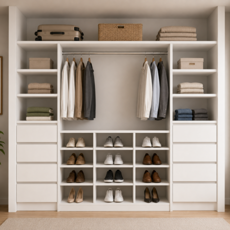 2600mm white wardrobe cabinet with side drawers shelves hanging space and middle shoe rack