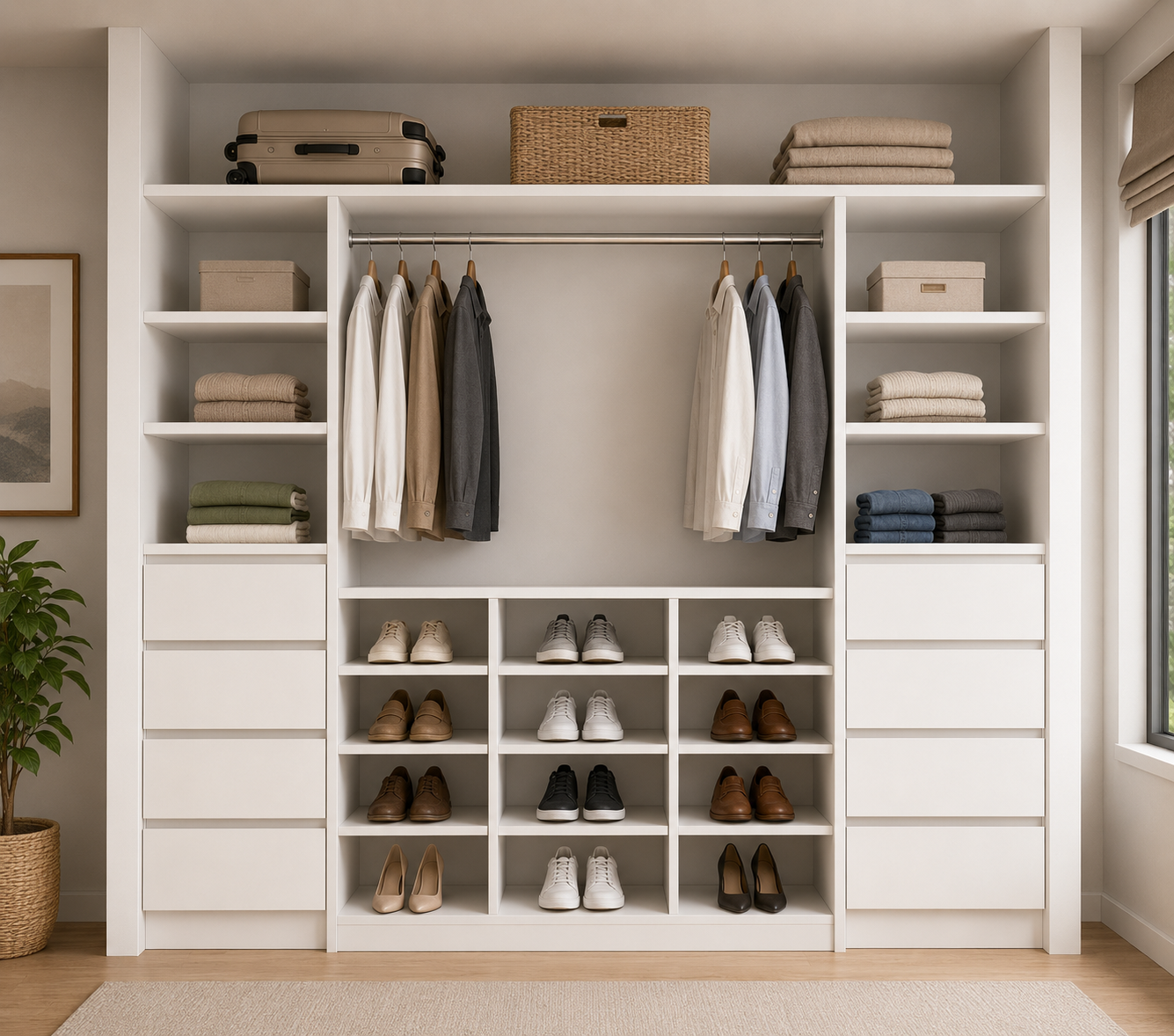 wardrobe-2600-double-drawer-side-with-middle-shoe-rack-render 2600mm white wardrobe cabinet with side drawers shelves hanging space and middle shoe rack