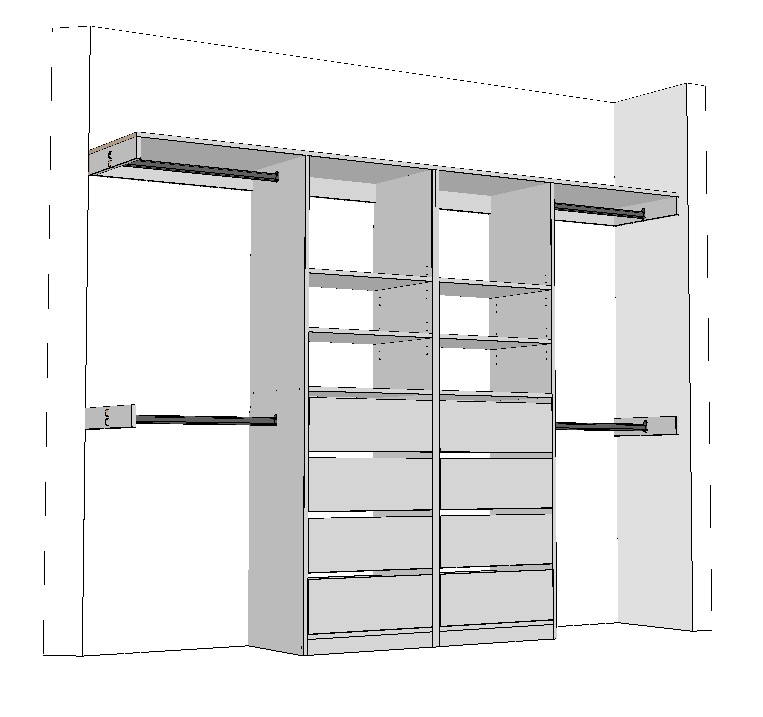 wardrobe-2600-double-drawers-middle-3DA 2600mm white wardrobe cabinet with double centre drawers shelves and side hanging space