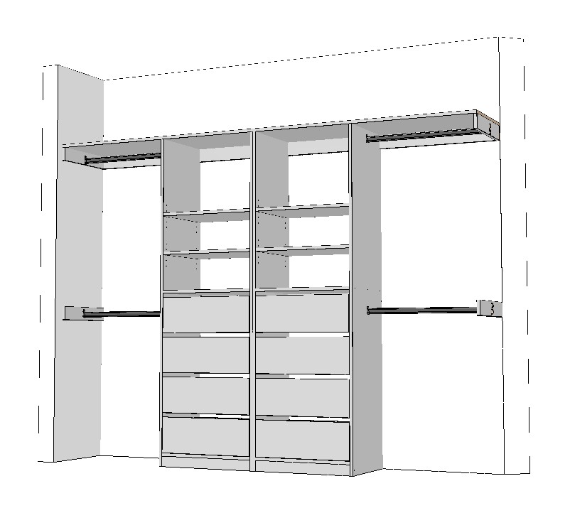 wardrobe-2600-double-drawers-middle-3DB White built in wardrobe technical drawing with centre drawer towers