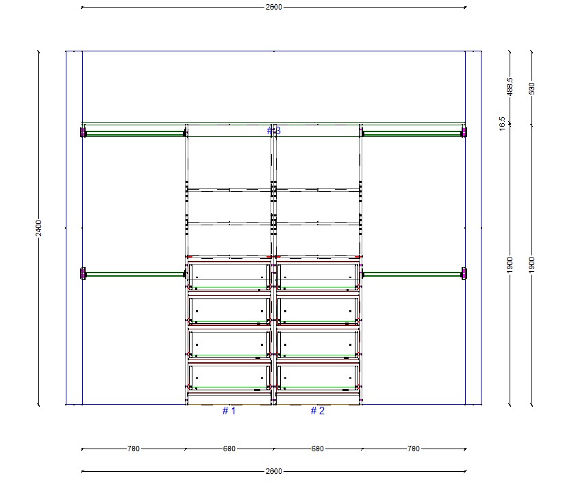 wardrobe-2600-double-drawers-middle-elevation Wardrobe cabinet elevation plan showing double centre drawers and side hanging rails