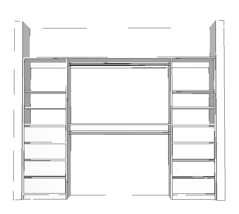 wardrobe-2600-double-side-drawer-3D 2600mm white wardrobe cabinet with side drawers shelves and double hanging space