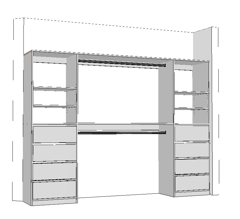 wardrobe-2600-double-side-drawer-3DA 2600mm white wardrobe cabinet with side drawers shelves and double hanging space