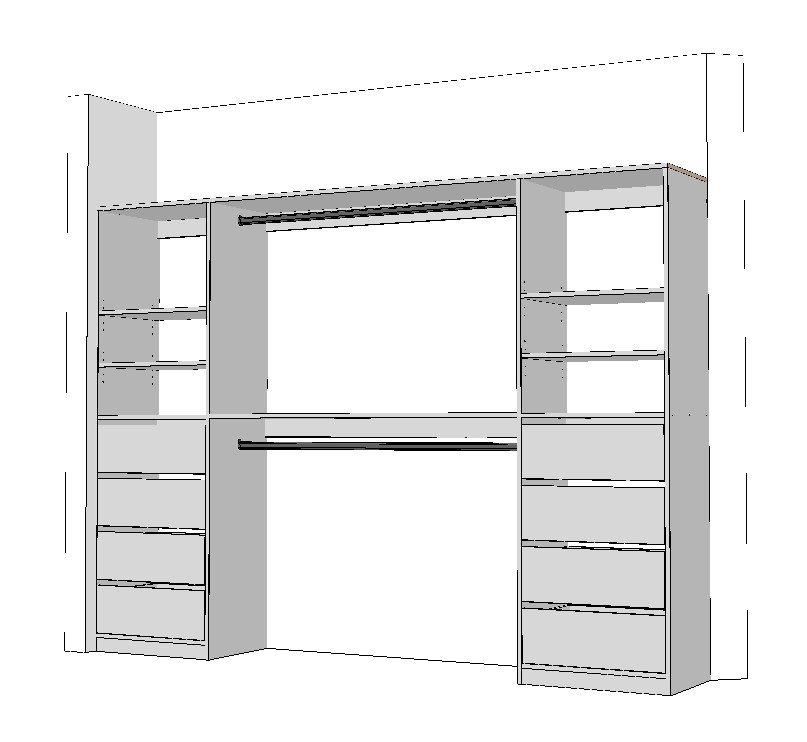 wardrobe-2600-double-side-drawer-3DB White built in wardrobe cabinet technical drawing with double hanging rails