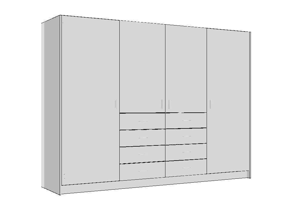 wardrobe-2600-middle-drawers-full-cabinet-3DA White wardrobe cabinet technical drawing with middle drawers shelves and hanging space