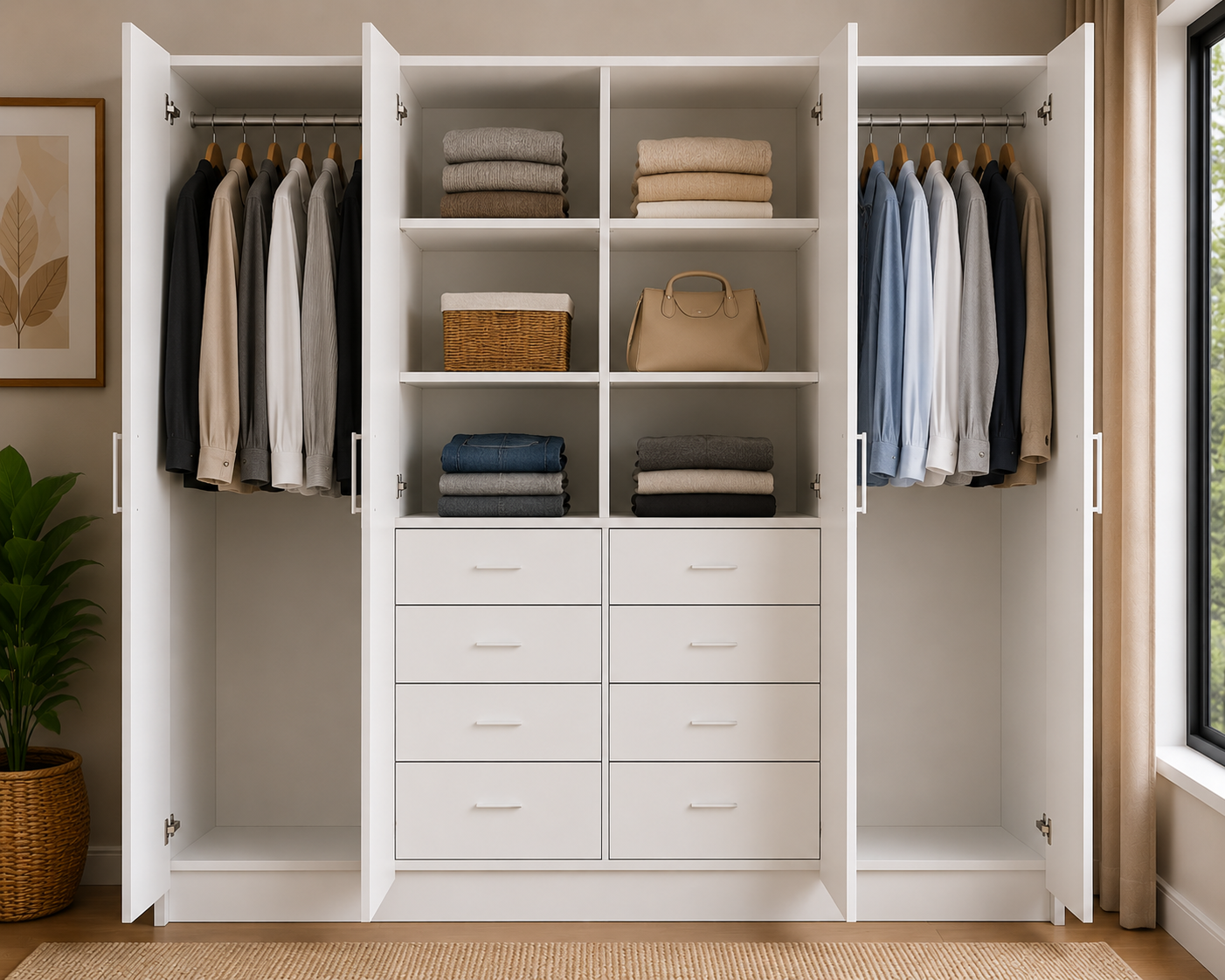 wardrobe-2600-middle-drawers-full-cabinet-render-open Factory direct white wardrobe cabinet with drawers shelves and hanging space
