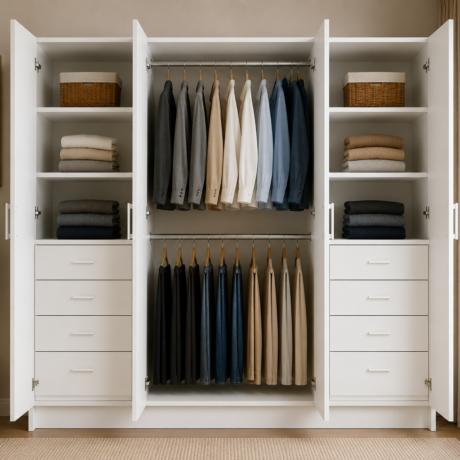 2600mm White Wardrobe Cabinet with Side Drawers, Shelves & Centre Double Hanging Space