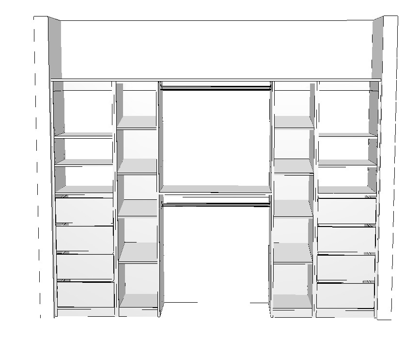 wardrobe-double-side-drawer-with-two-tower-shoe-rack-3D 2600mm white wardrobe cabinet with side shoe rack towers drawers and double hanging space