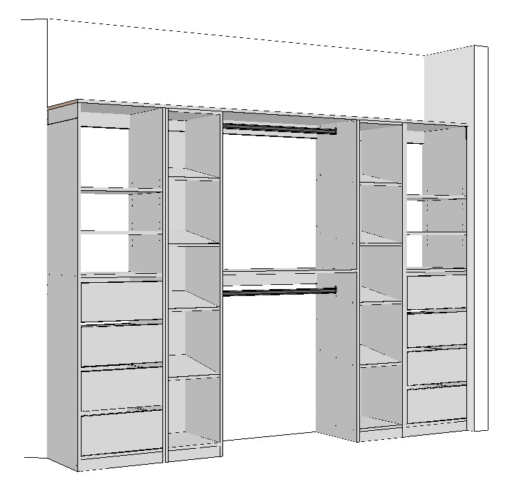 wardrobe-double-side-drawer-with-two-tower-shoe-rack-3DA White built in wardrobe technical drawing with two side shoe rack towers