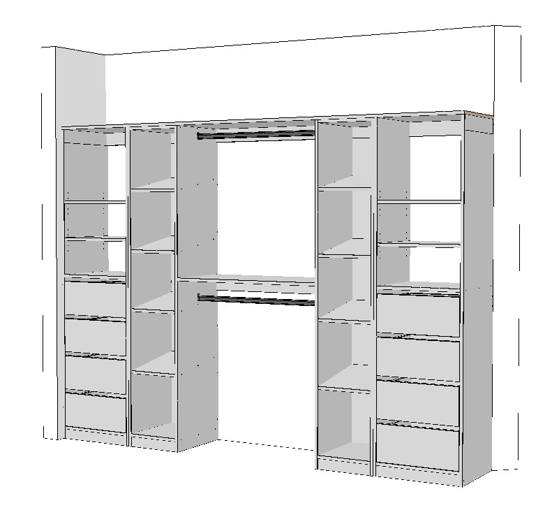 wardrobe-double-side-drawer-with-two-tower-shoe-rack-3DB Wardrobe cabinet elevation plan showing side shoe racks drawers shelves and hanging rails