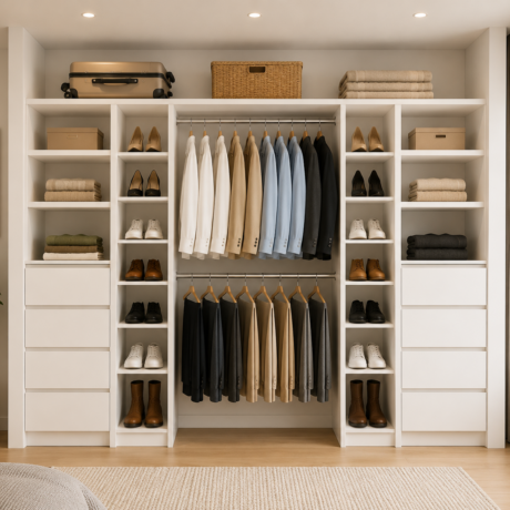 2600mm white wardrobe cabinet with side shoe rack towers drawers and double hanging space