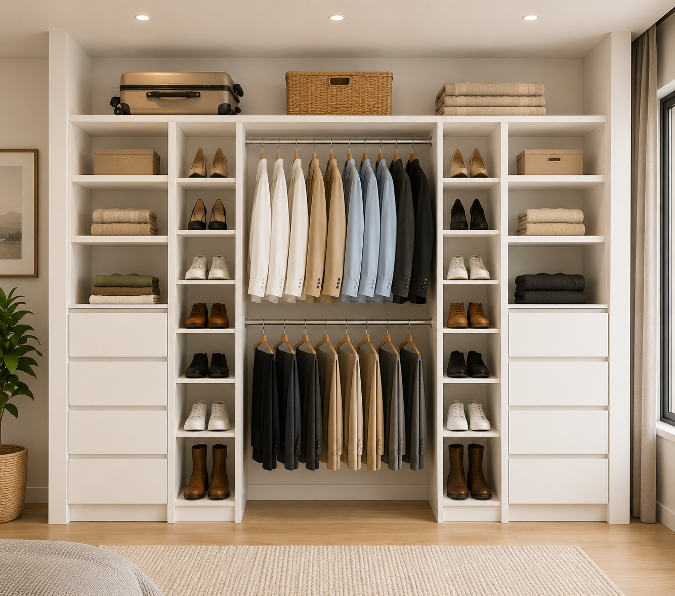 wardrobe-double-side-drawer-with-two-tower-shoe-rack-render 2600mm white wardrobe cabinet with side shoe rack towers drawers and double hanging space
