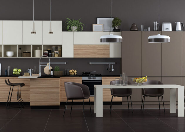 Kitchen renovation and cabinet maker in Melbourne white and coffee panel cabinet and combination of wood