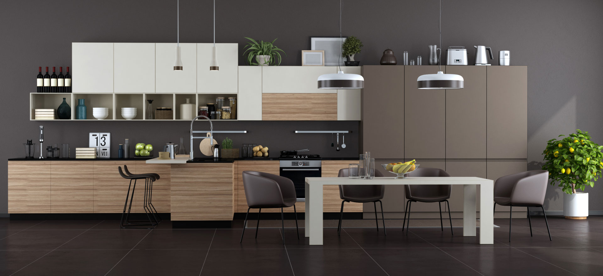 Kitchen renovation and cabinet maker in Melbourne white and coffee panel cabinet and combination of wood